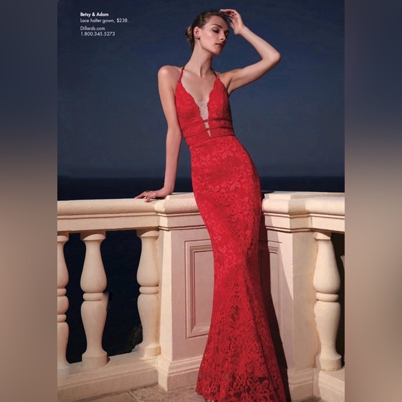 Betsy & Adam Red long, Backless fine lace Dress - Size 4, Retail Price $240 - Picture 3 of 11
